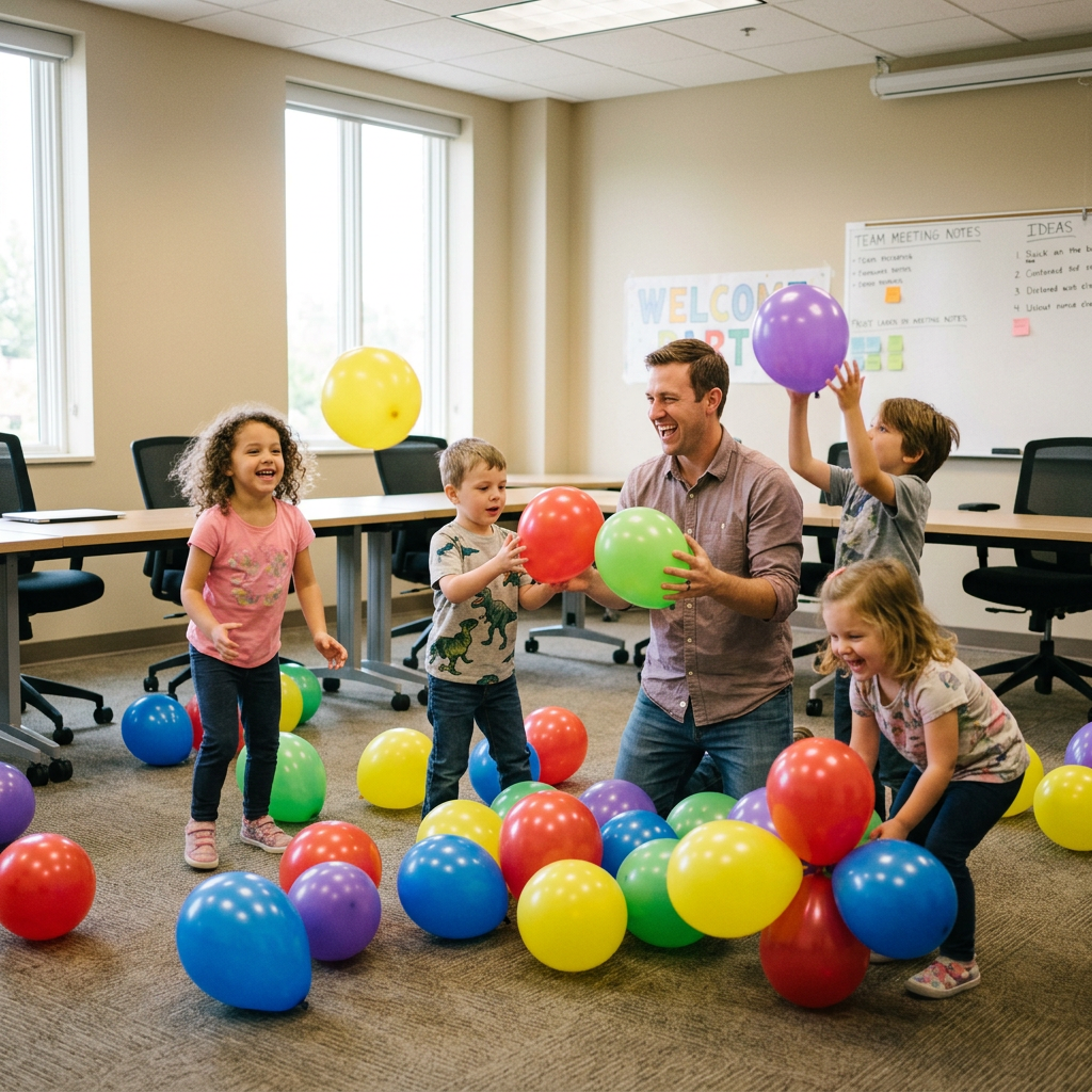 Adult man and four children playing with colorful balloons in an office room