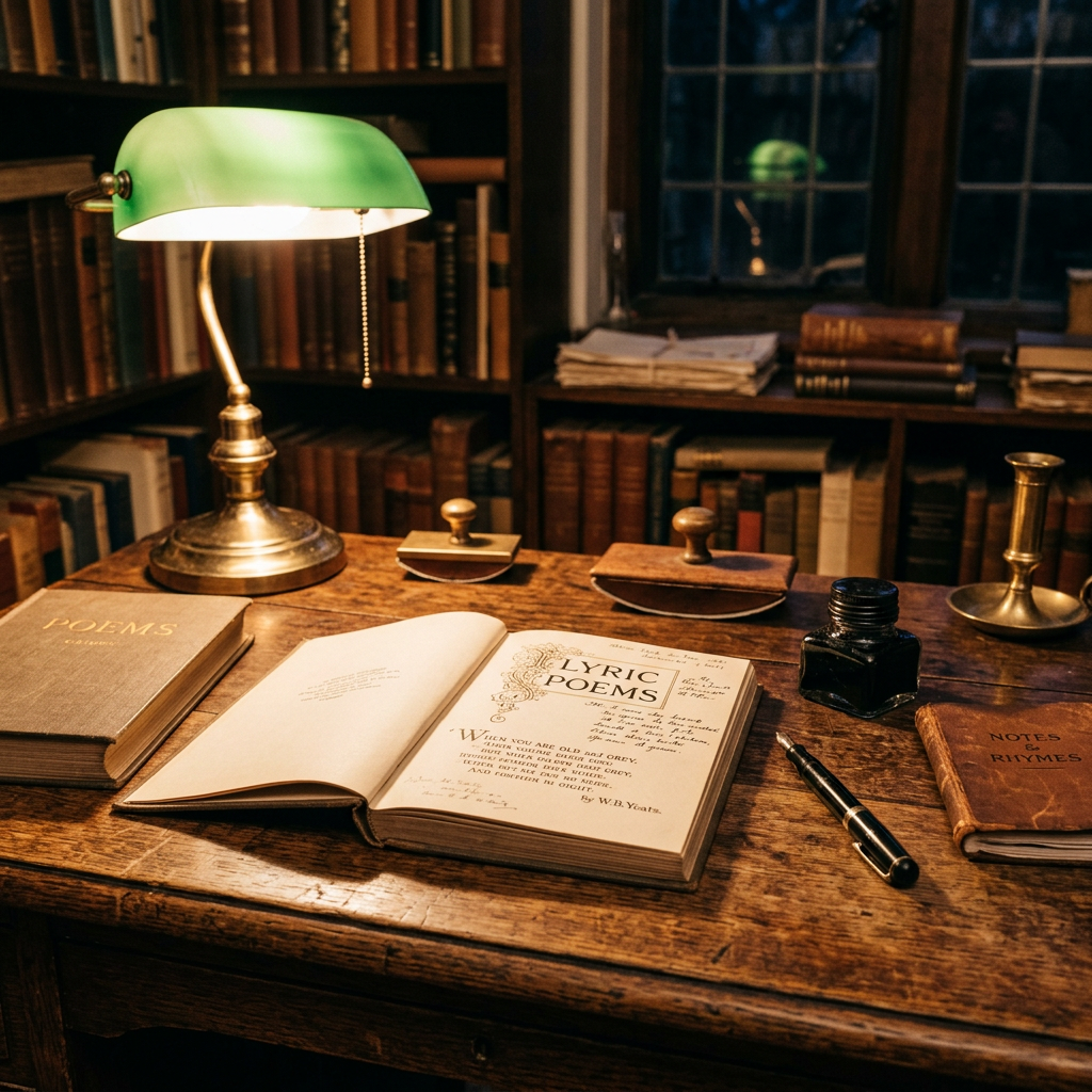 Open book titled Lyric Poems on wooden desk with ink bottle, pen, and other books