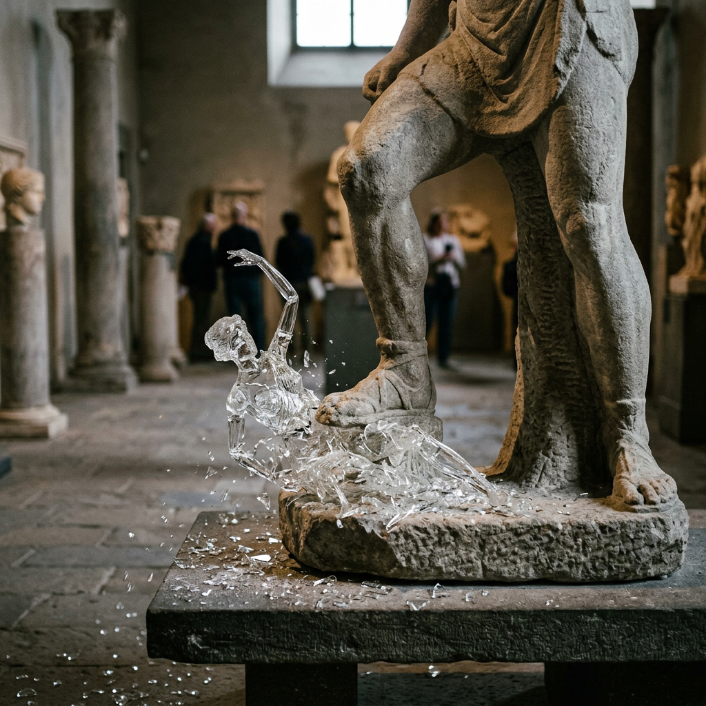 Marble statue with a shattered transparent glass figure lying beneath its foot