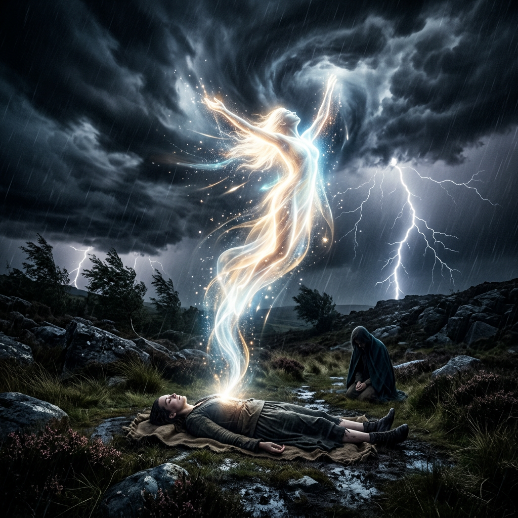 Luminous spirit rising from body into stormy sky