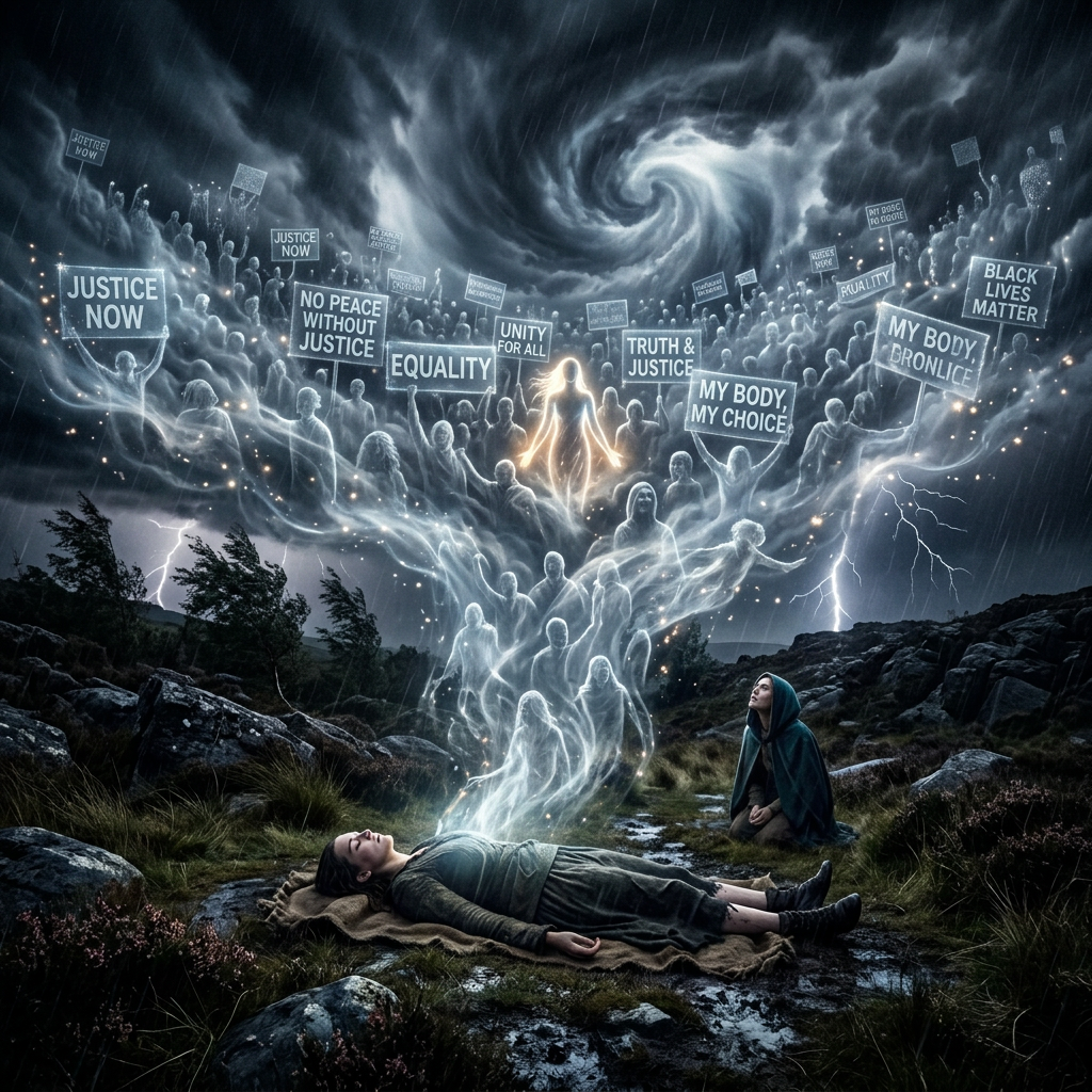 Luminous spirit rising from body into stormy sky Luminous spirit rising from body into stormy sky