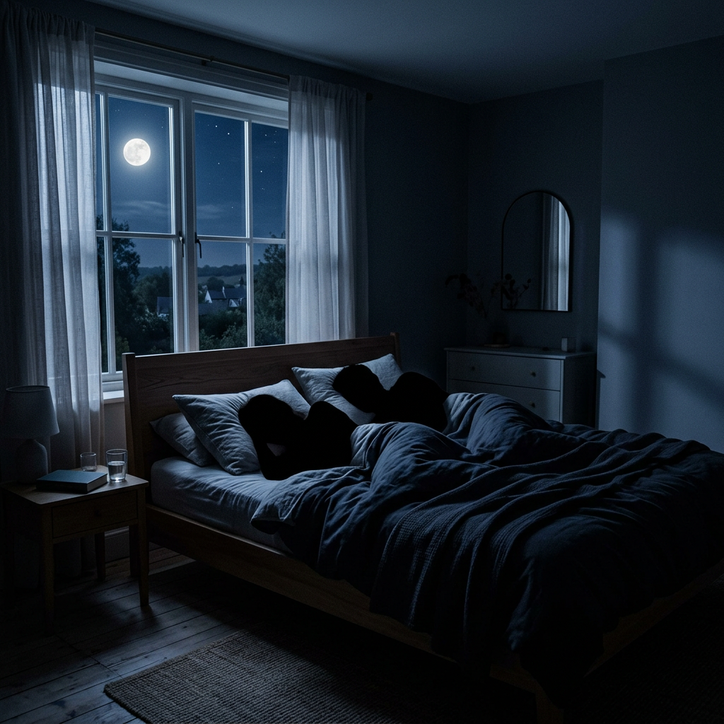 Two people lying in bed at night with moonlight shining through a window