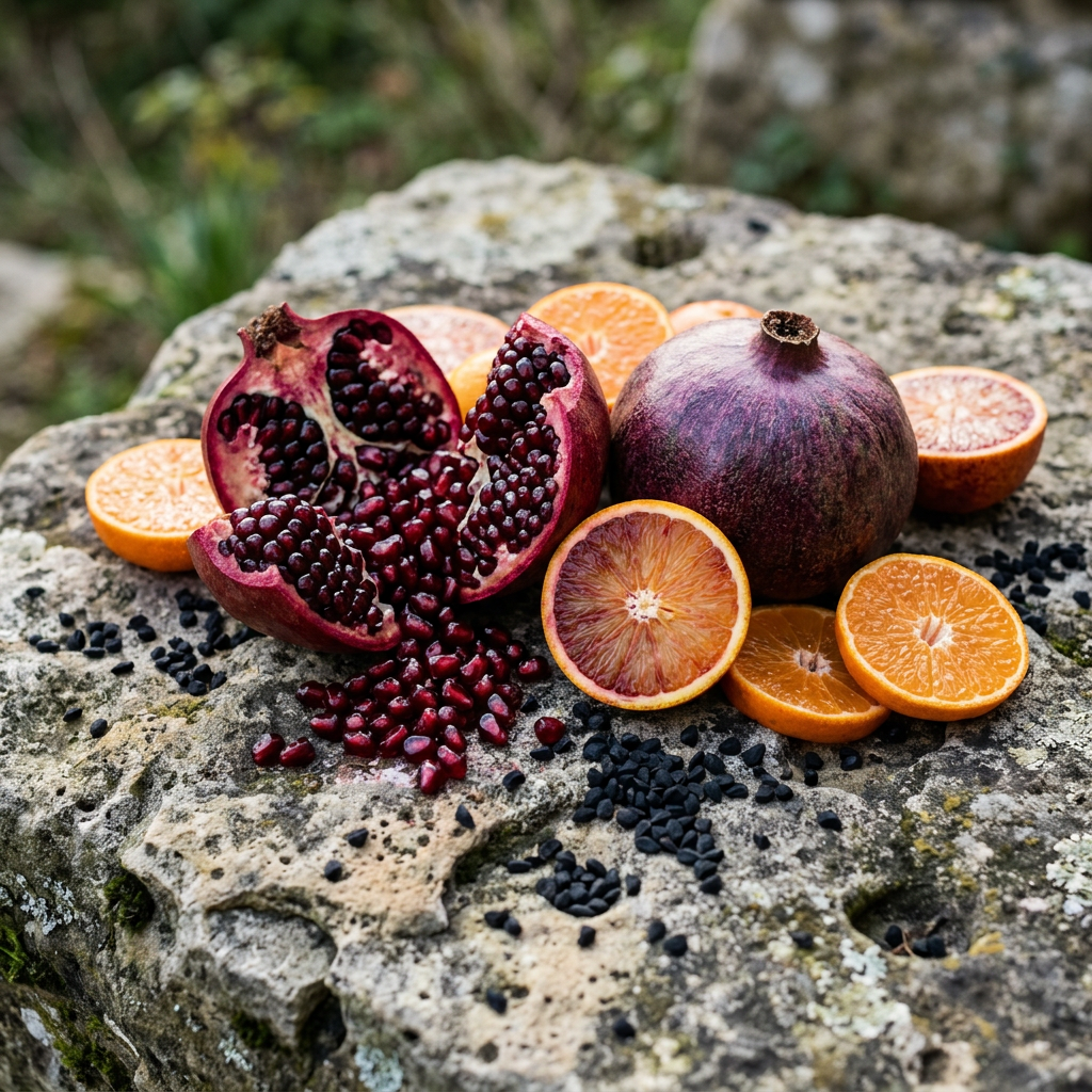 Whole and opened pomegranates with sliced citrus fruits on a stone