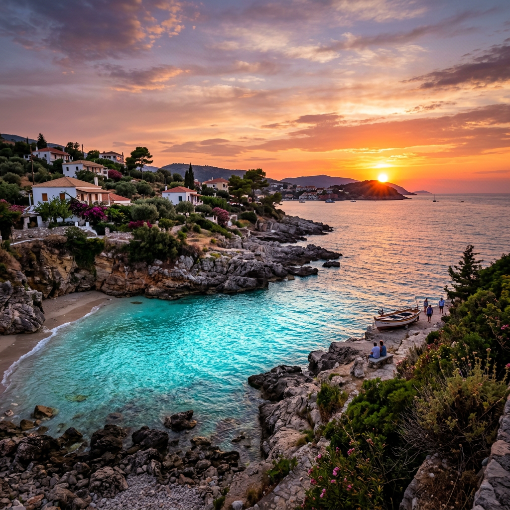Turquoise seaside cove with hillside villas and sunset