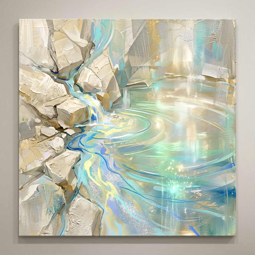 Abstract spring emerging from pale stone into luminous pool