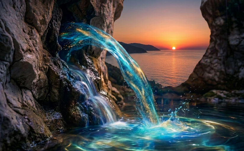 Abstract spring emerging from pale stone into luminous pool