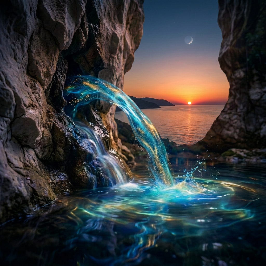 Abstract spring emerging from pale stone into luminous pool Abstract spring emerging from pale stone into luminous pool
