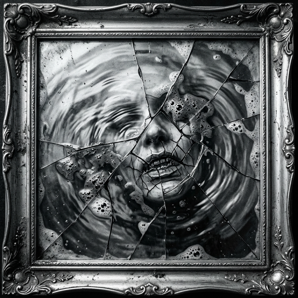 Distorted face seen through shattered glass in an ornate frame