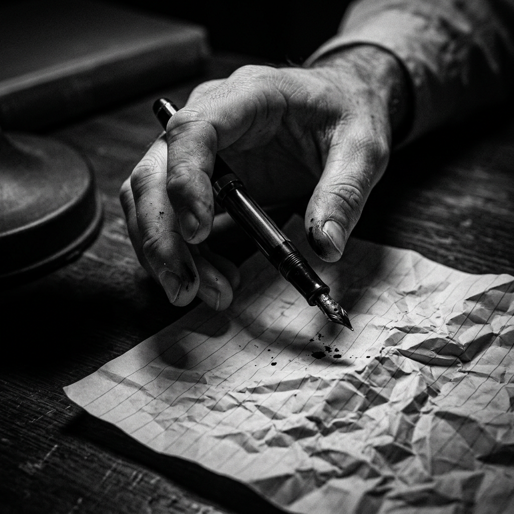 Tattooed hand holding a fountain pen over crumpled graph paper